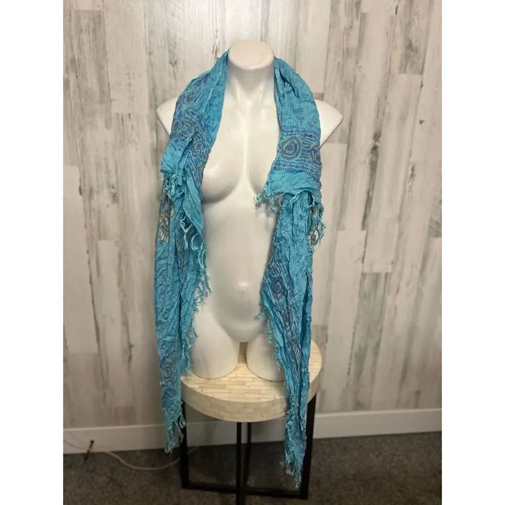 Turquoise Boho Crinkle Fringe Scarf – Lightweight Embroidered Wrap Shawl